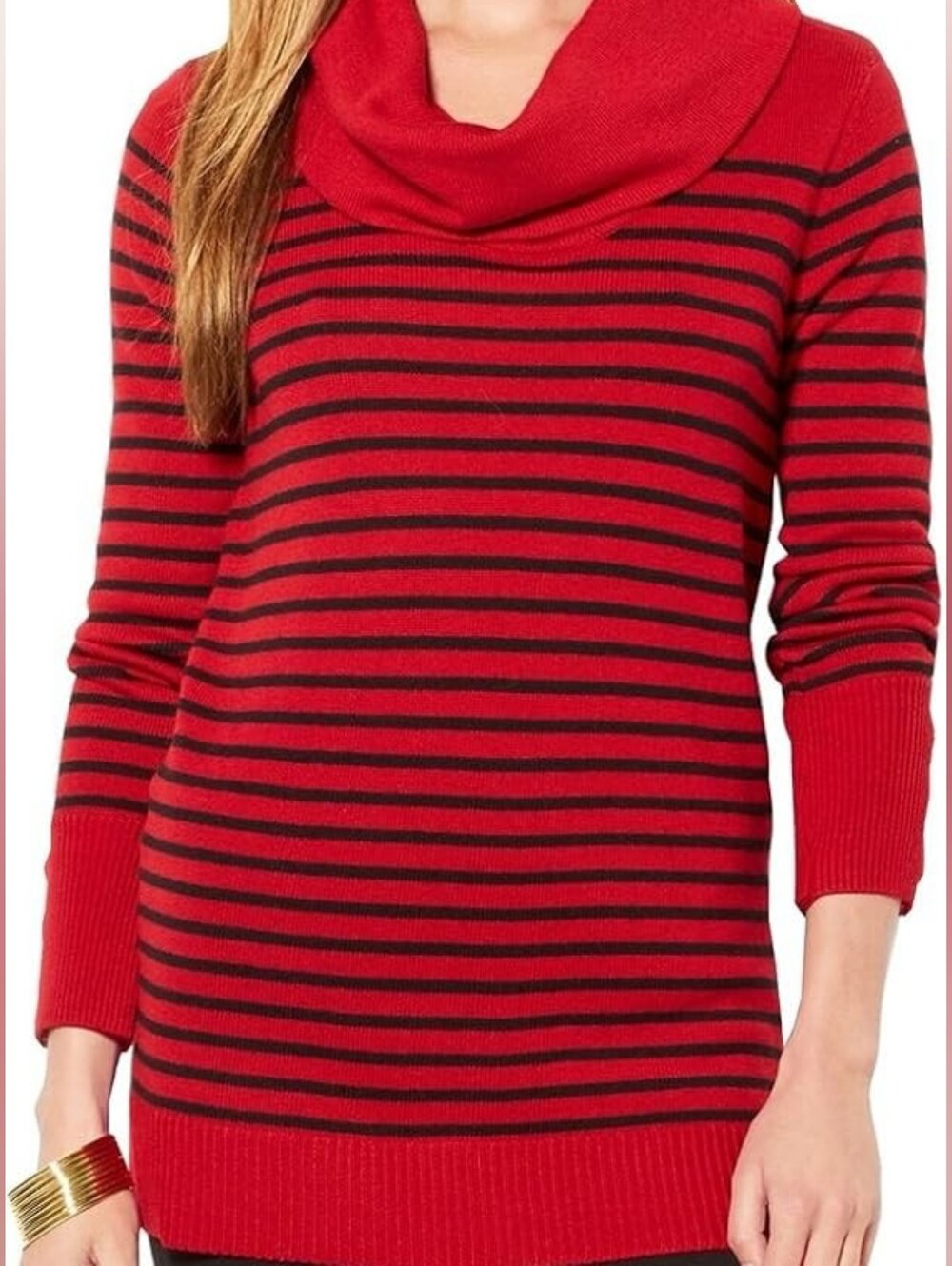 Lauren Ralph Lauren Wool Blend Stripe Cowl Neck Sweater Red Black Cozy